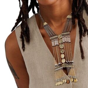 Free People Sunrise Layered Beaded Necklace Gold Black White Boho Statement NWT